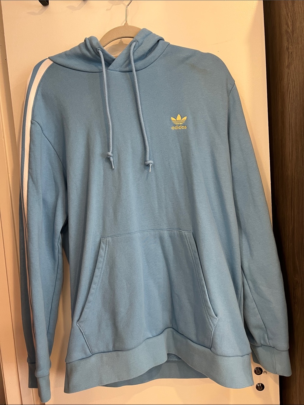 adidas Light Blue Hoodie with White Shoulder Stripes